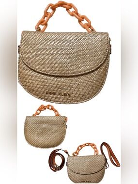 Anne Klein Gold Straw Crossbody with Orange Chain Top Handle